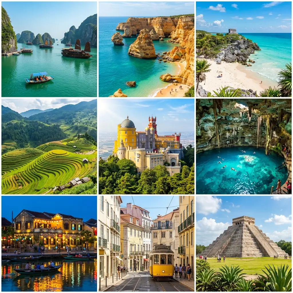 Budget travel destination collage - stunning landscapes from Vietnam, Portugal, and Mexico